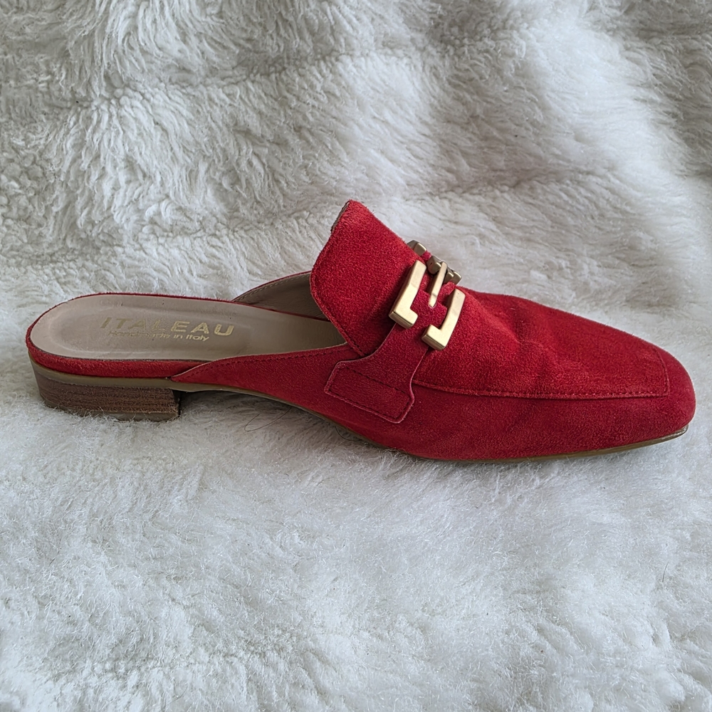 ITALLEAU Red Suede Slip-On Mule with Gold Buckle